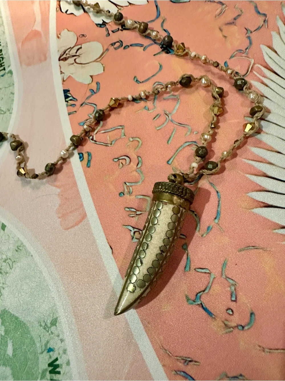 Gold, Pearl, and earth tone stones beaded chain with Horn Pendant necklace